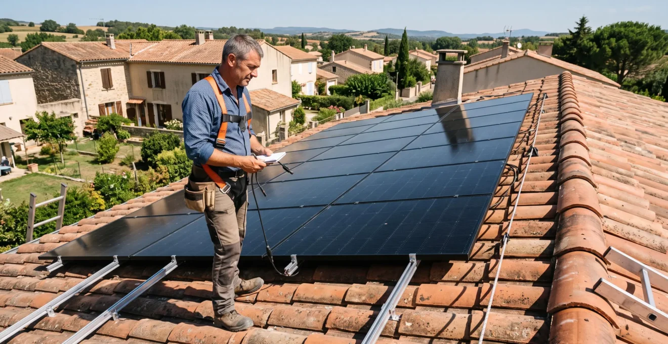 Un propriétaire inspecte des panneaux solaires photovoltaïques installés sur le toit de sa maison.